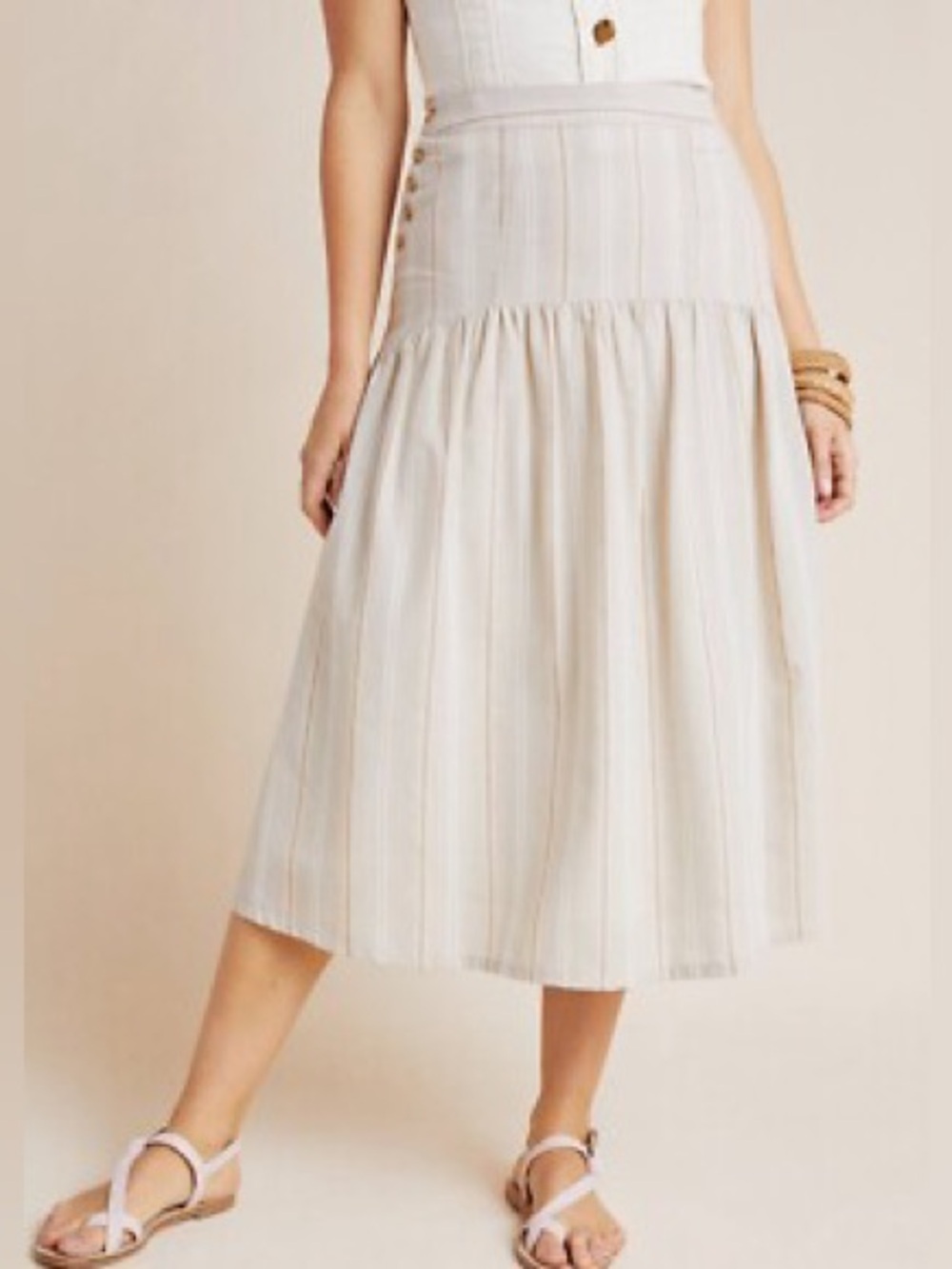 Anthropologie Evonna Striped Button Midi Skirt Neutral Beige Size 8